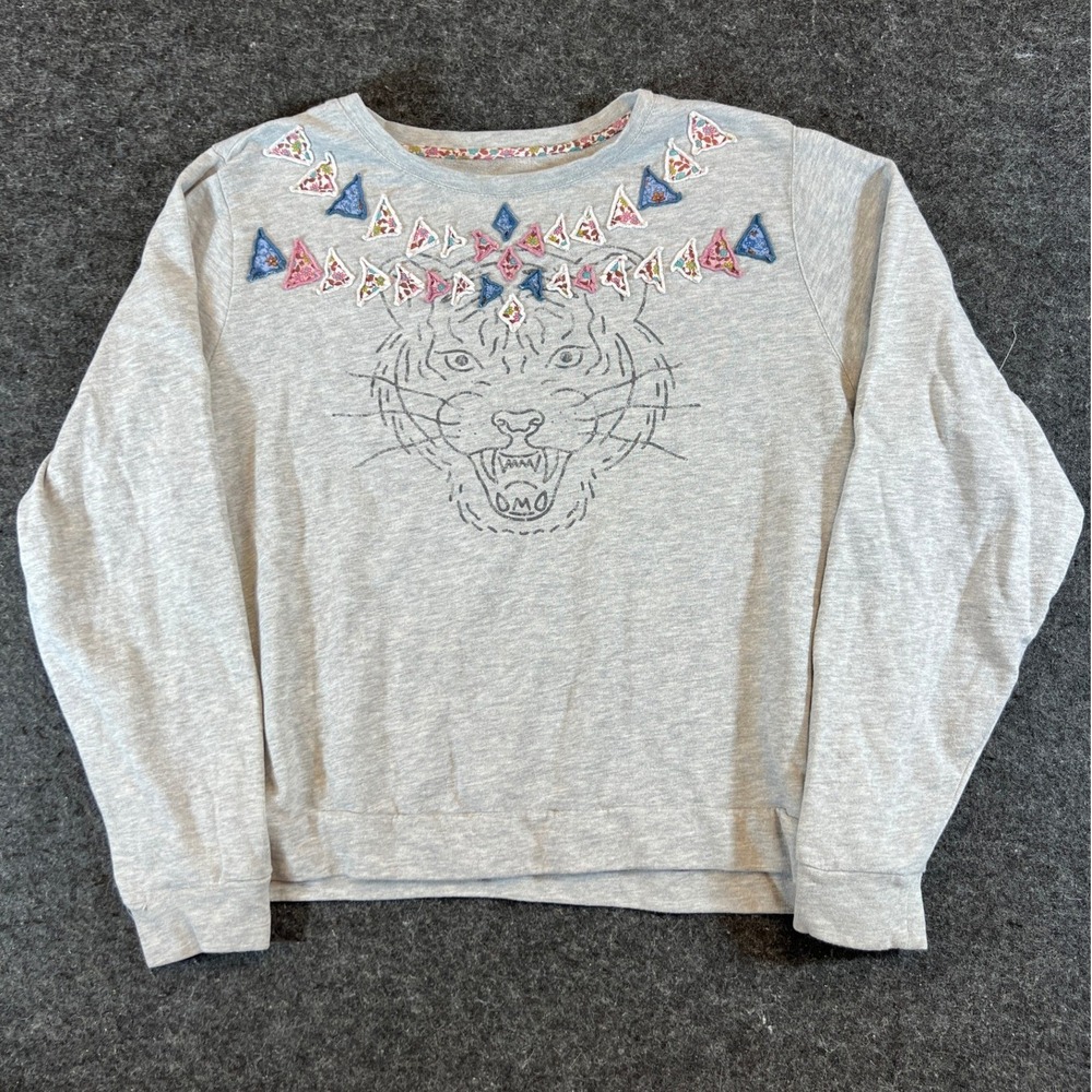 Anthropologie Luna Mercantile Co Sweatshirt Womens S Tiger Gray Graphic Applique